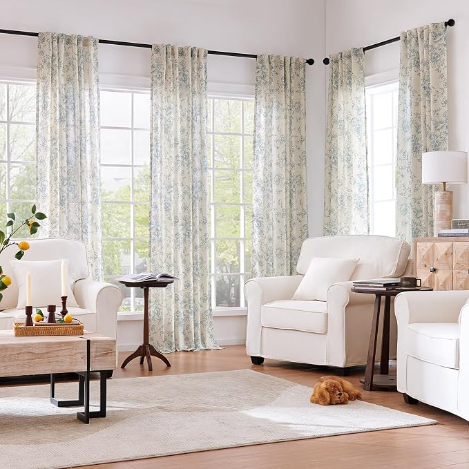 jinchan Blue Floral Linen Curtains 108 Inch Farmhouse Back Tab 2 Panels | Light filtering drapes, semi sheer, farmhouse, cottagecore, rustic, living room, bedroom, rod pocket, window treatment