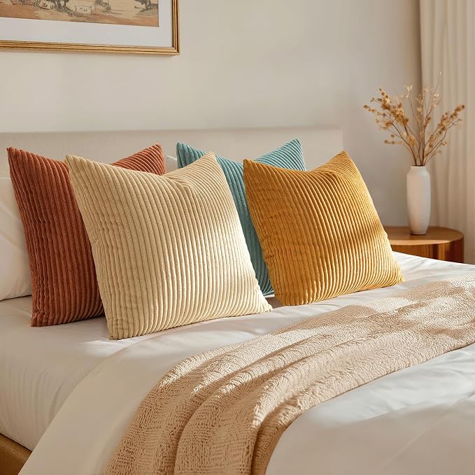 EMEMA Teal Orange Decorative Throw Pillow Covers for Couch Bed Livingroom 16x16 Inch Set of 4 Boho Farmhouse Corduroy Striped Square Pillow Case,Western Modern Cushion Covers Home Decor