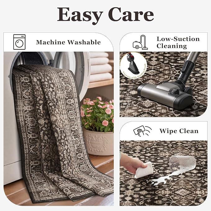 Brown Black 9x12 Rugs for Living Room, Vintage Farmhouse Large Rugs for Bedroom with Moroccan Floral Trellis Pattern, Washable Non Slip Ultra Thin Carpet Rug for Dining Room, Earthy Dark Wood