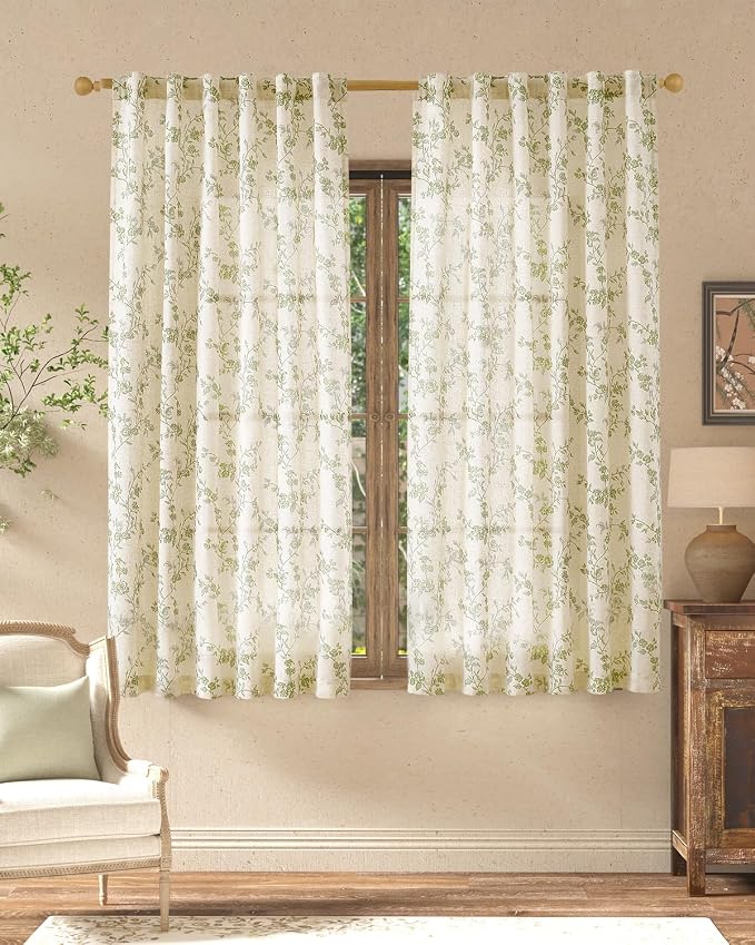 jinchan Green Floral Linen Curtains 63 Inch Farmhouse Back Tab 2 Panels | Flower patterned, small short drapes, french country, light filtering, semi sheer, privacy, bedroom, living room, home decor