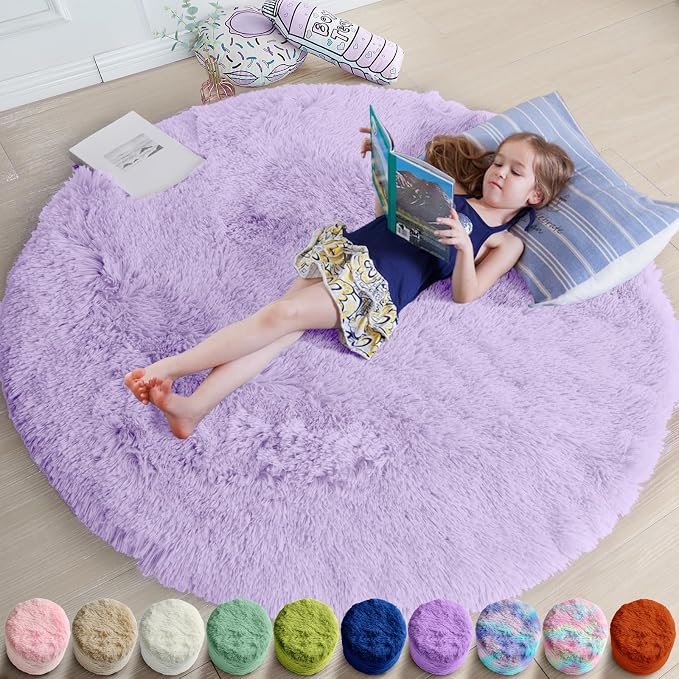 Amdrebio Light Purple Large Round Rugs 8Ft for Girls Bedroom, Fluffy Fuzzy Circle Area Rug for Kids Room Decor Aesthetic, Soft Cute Furry Plush Shag Big Lavender Carpet for Living Room, Playroom