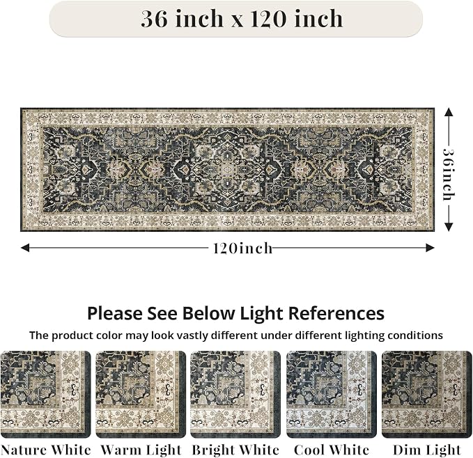 3x10 Non Slip Hallway Runner Rug - Washable Vintage Distressed Kitchen Carpet, Ultra-Thin Soft Low Pile Entryway Mat with Rubber Backing for Bedroom Living Room (Black)