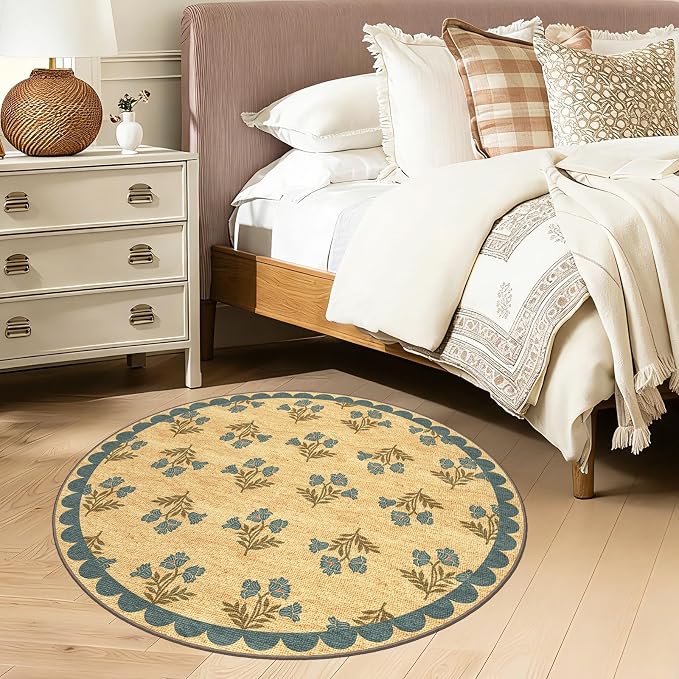 3ft Entryway Round Rug - 3x3 Small Washable Floral Boho Farmhouse Scalloped Round Bedroom Rug Non Slip Front Door Mat Indoor Stain Resistant Jute-Look Circle Rugs for Bedroom Entryway Kitchen