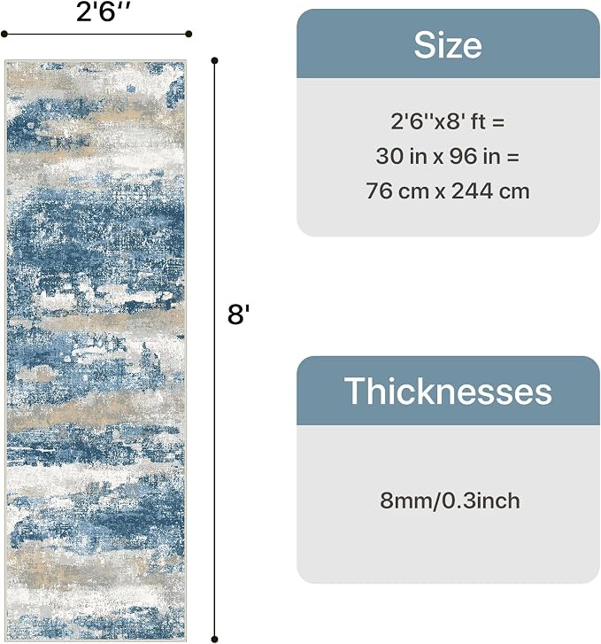 GENIMO Runner Rug Non Slip 2'6"x8', Washable Rug Runner for Hallways Kitchen, Abstract Modern Kitchen Rugs, Low Pile Lightweight Carpet Runners for Entryway, Bedroom, Laundry, Sky Blue