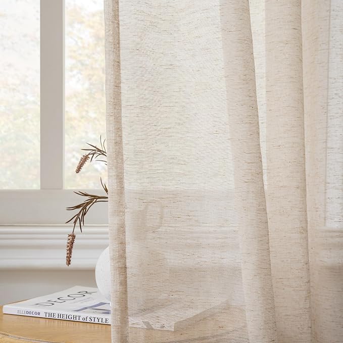 FMFUNCTEX Taupe Flax Linen Sheer Curtains 63 Inch Long Rod Pocket 2 Panels | Semi Sheer Window Drapes Taupe for Bedroom and Living Room, Farmhouse French Window Curtain Privacy