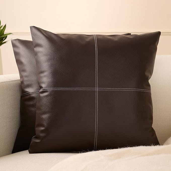 Encasa XO Faux Leather Throw Pillows Covers 24"x24" (Set of 2) | Dark Brown Stitch Decorative Cushion Covers | Modern Farmhouse Pillow Cases for Outdoor, Living Room, Bedroom, Couch, Sofa