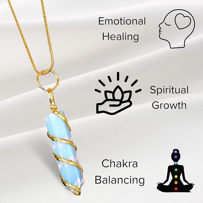 Amazing Gemstone Opalite Crystal Necklace Pendant For Women, Gold Wire Wrapped Dainty Minimalist Healing Crystal Necklaces For Men Unisex Necklace Jewelry Adjustable Chain & Leather Cord