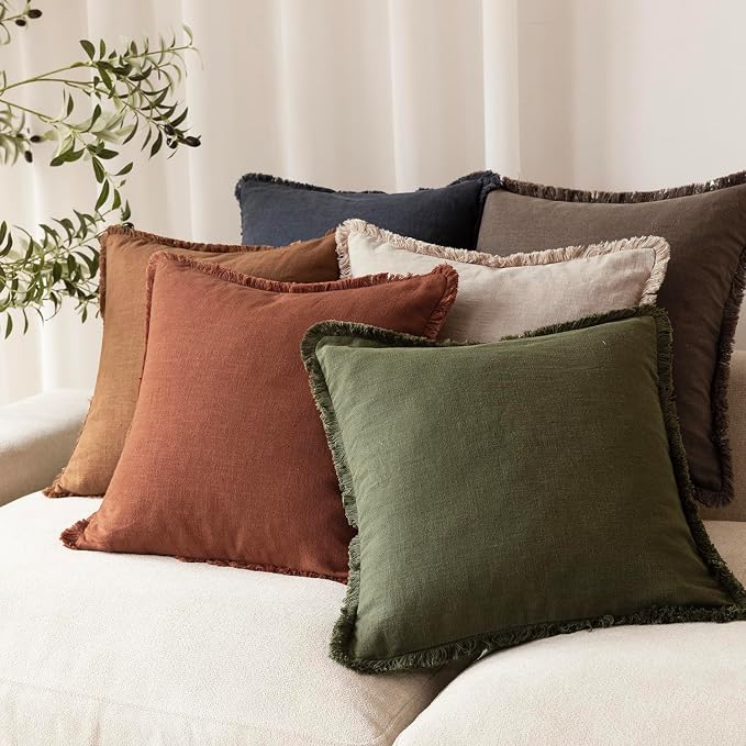 Foindtower Set of 2 Decorative Linen Fringe Throw Pillow Covers Farmhouse Cushion Cover with Tassels Soft Accent Pillowcase for Couch Chair Sofa Bed Living Room Home Decor,24×24 Inch,Fall Rust Orange