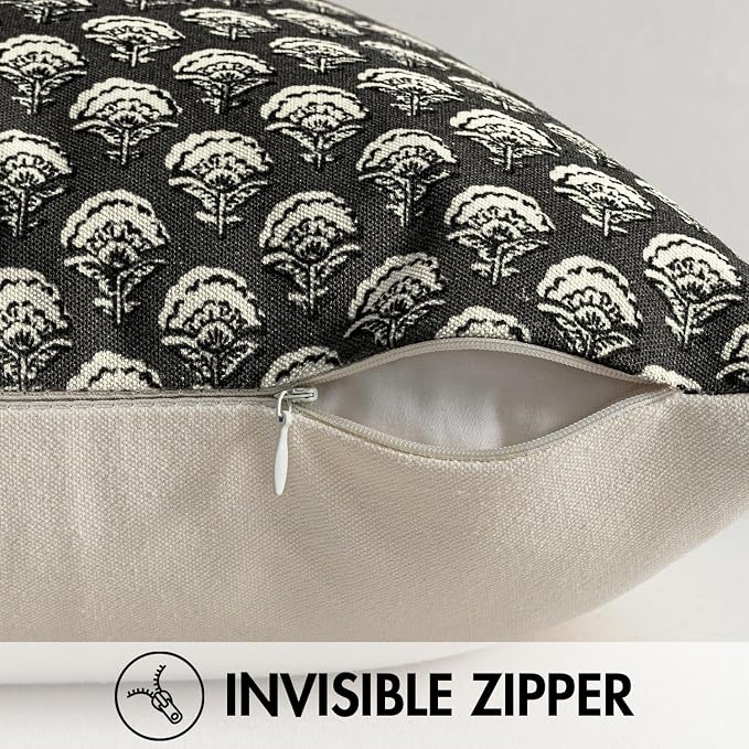 MIULEE Set of 2 Decorative Floral Pillow Covers Neutral Vintage Fall Throw Pillows Block Print Boho Farmhouse Cushion Covers for Modern Spring Home Decor Couch Sofa Bed Living Room, 20x20 Inch, Black
