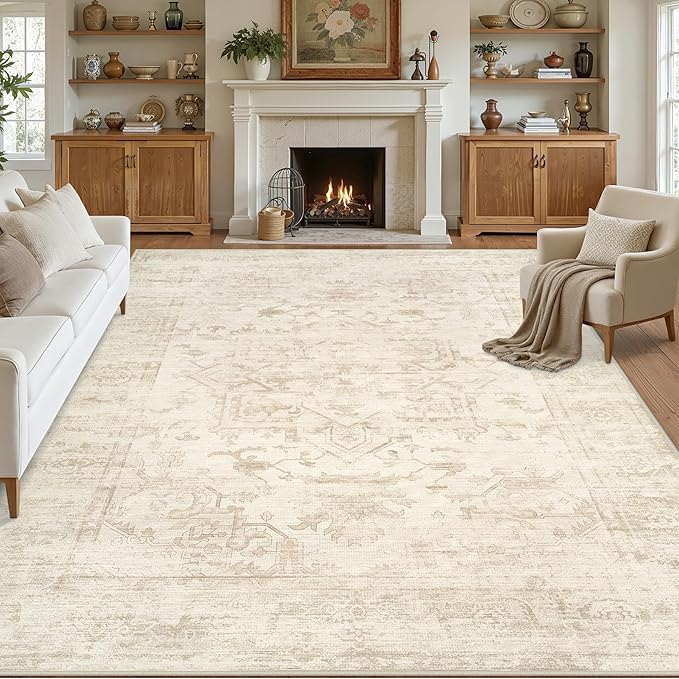 10x12 Area Rug for Living Room: Vintage Boho Neutral Washable Rug Indoor Soft Large Area Rug Carpet for Bedroom Nursery Farmhouse Dining Room Office Floor Non-Slip Low Pile Under Table Rug Beige/Brown