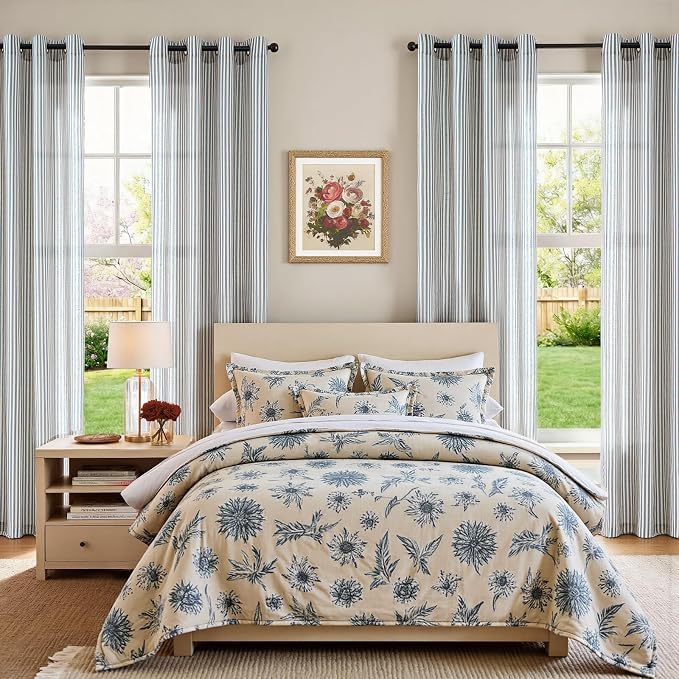 jinchan Linen Curtains 84 Inch Blue Stripe on Beige Grommet 2 Panels | Curtains for Living Room Bedroom,Ticking Stripe Pattern,Farmhouse Cottage Core Rustic, Window Treatment,Light Filtering