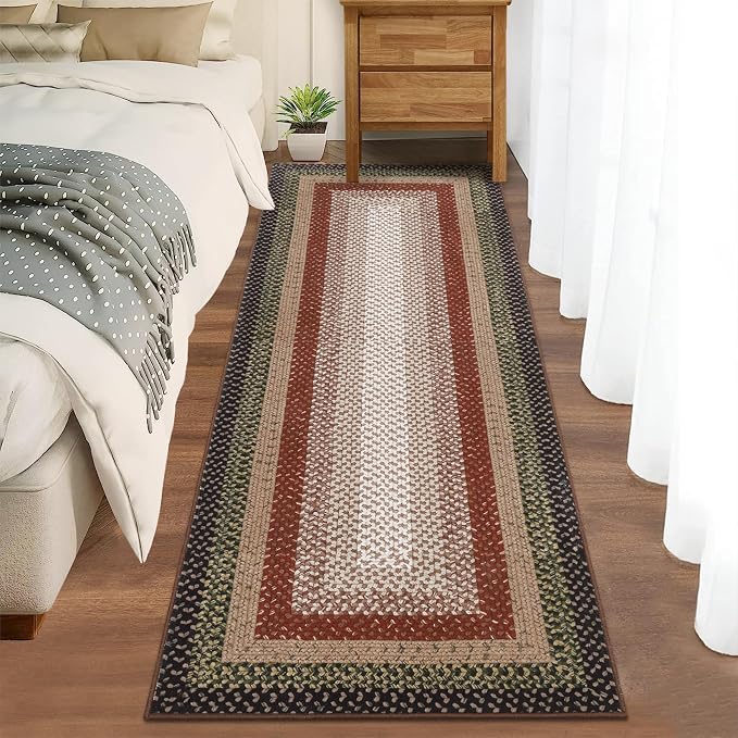 RUGSREAL Hallway Runner Rug 2x6 Braided Machine Washable Kitchen Rug Farmhouse Runner Carpet Non Slip Stain Resistant Rustic Carpet Modern Printed Area Rug for Living Room Bedroom, Crimson/Earthy