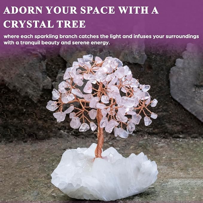 Crocon Rose Quartz Crystal Tree with White Aura Base Tree of Life Decor for Shelf, Bedroom, Birthday Gifts for Women, Sister Gift, Birthday Gifts for Mom, Cute Home Office Decor Housewarming Present