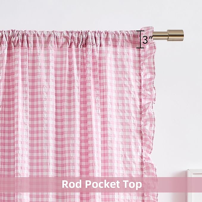 ZJDECOR Light Pink Buffalo Plaid Ruffle Curtains for Girls Room 63 Inch | Crinkled Not-See-Through Sheer Drape,Shabby Chic Window Treatment,Bedroom Living Room Nursery,Rod Pocket,40"Wx63"Lx2