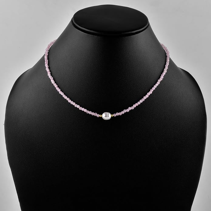 InfinityGemsArt Gemstone Gold Necklace For Women, Birthstone Natural Crystal Stone With Freshwater Pearl Beaded Jewelry, Gold Plated 18 Inch Chain