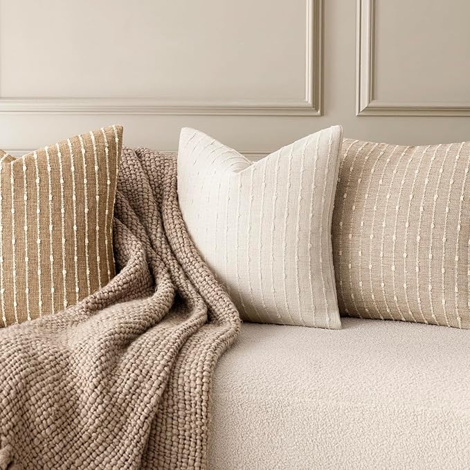 Foindtower Pack of 2 Decorative Jacquard Boucle Throw Pillow Covers Accent Textured Striped Pillowcases Soft Boho Modern Cushion for Couch Sofa Bedroom Living Room Home Decor 22x22 Inch Cream White