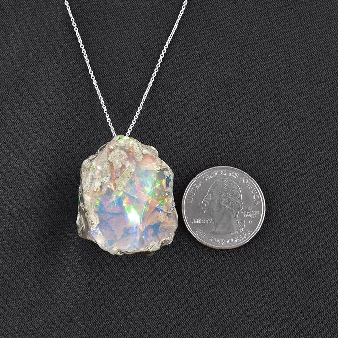 Ultra Fire Raw Ethiopian Opal Rough Dainty Pendant Necklace For Women, Healing Chakra Crystals, Handmade October Birthstone Jewelry, 925 Silver Chain 18 inch, Wedding Gift