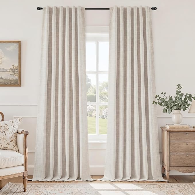 HOMEIDEAS 100% Blackout Faux Linen Curtains,Beige Modern Farmhouse Winter Boho Curtains 96 Inches Long 2 Panels, Rod Pocket & Back Tab for Vintage Living Room,Bedroom Decor