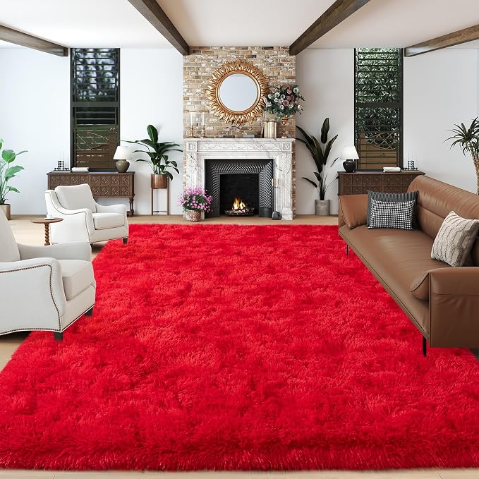 Dssimo Red Fluffy Rugs for Living Room Bedroom, 9x12 Shaggy Area Rug | Large Upgrade Non-Slip Burgundy Rug for Kids,Girls Boys and Teens Deco Christmas Aesthetic for Dorm Nursery Classroom