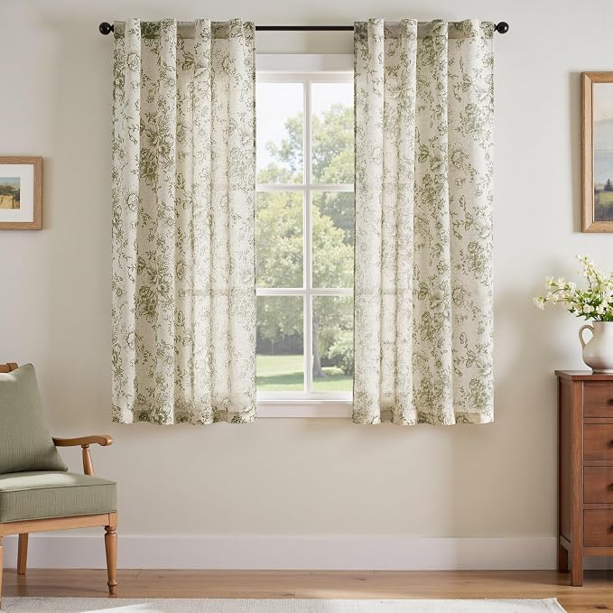 jinchan Green Floral Linen Curtains 63 Inch Farmhouse Back Tab 2 Panels | Light filtering drapes, semi sheer, farmhouse, cottagecore, rustic, living room, bedroom, rod pocket, window treatment
