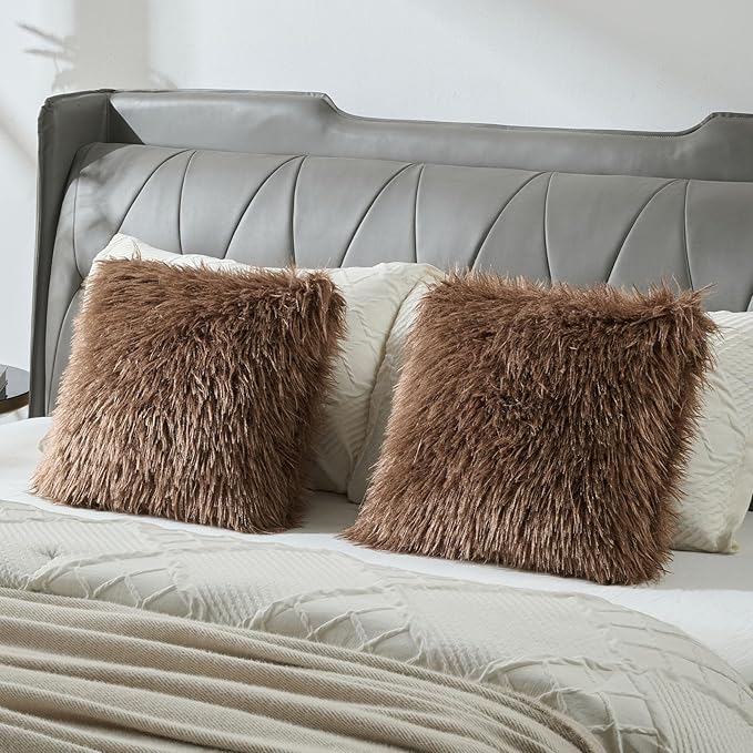 FUTEI Pack of 2 Shaggy Mongolian Faux Wool Throw Pillow Covers 18x18 Inch Soft Fluffy Farmhouse Decorative Cushion Case for Couch Bed Living Room, Dark Brown