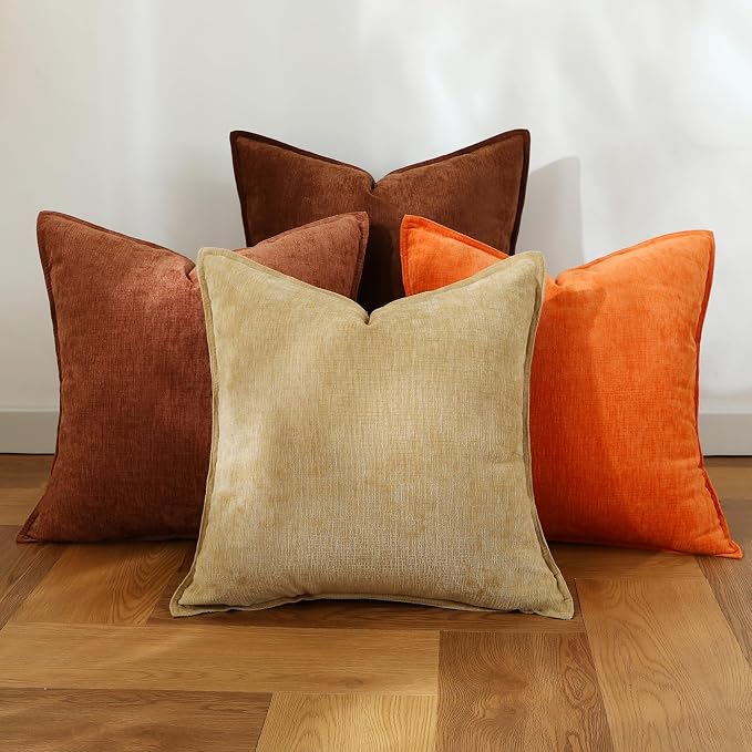Stellhome Halloween Decorative Throw Pillow Covers Fall Accent Soft Textured Chenille Cushion Cover Rustic Farmhouse Pillow Case for Couch Sofa Bedroom Living Room，20x20 inch Set of 4, Burnt Orange