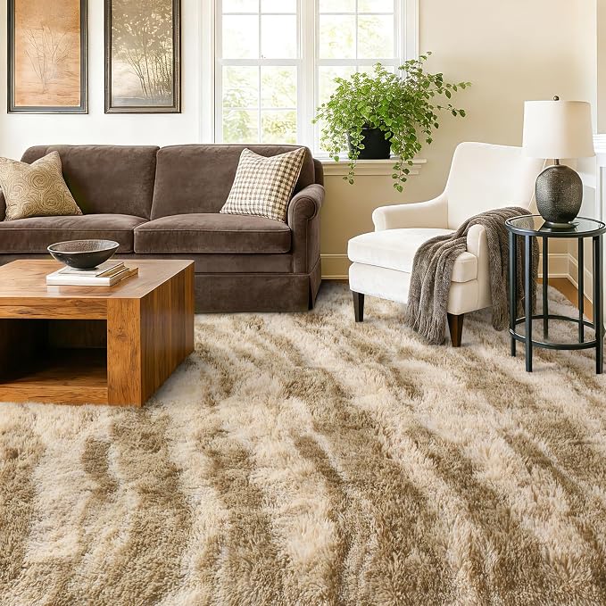 9x12 Extra Large Area Rugs for Living Room, Shaggy Non-Slip Tie-Dyed Rugs for Bedroom Kids Playroom Dorm Room, High Pile Ultra Soft Carpet, Khaki