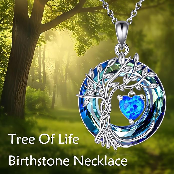 POPLYKE Mothers Day Gifts for Mom Her Wife Tree of Life Necklace 925 Sterling Silver Birthstone Pendant with Crystal Anniversary Birthday Wedding Jewelry for Women