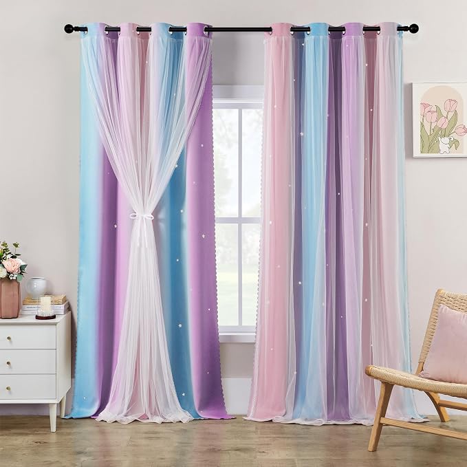 XiDi Girls Blackout Curtains 100 Inches Long for Bedroom, Room Darkening Grommet Window Ombre Curtains 2 Panel Sets, Kids Unicorn Princess Theme Decor Colorful Rainbow Design Pink Purple 42x100