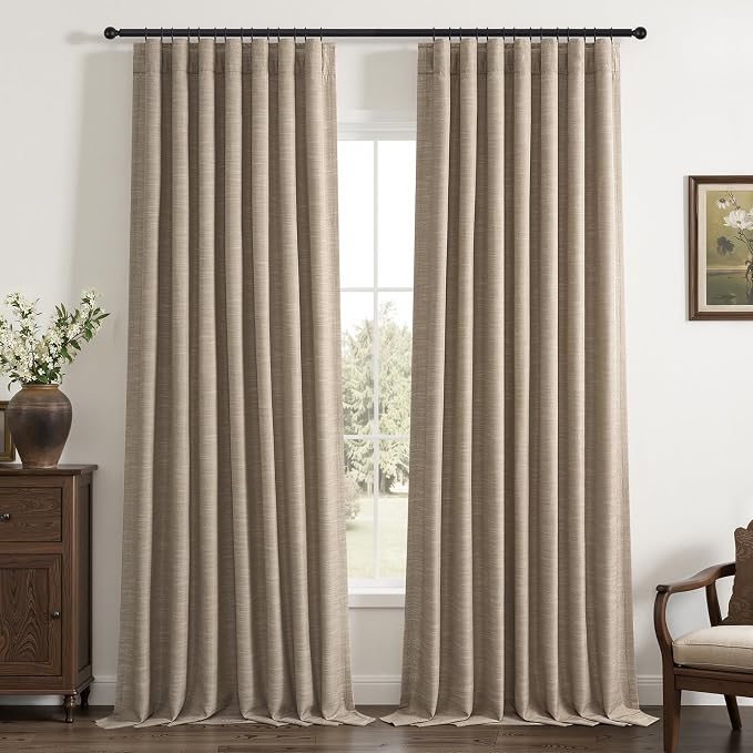 Topfinel 86 Inch Linen Blackout Curtains for Bedroom Burlywood Full Black Out Curtains Two Layer Drapes for Nursery Cooling Down Energy Efficient Burlywood 2 Panels Set 52" W*86" L