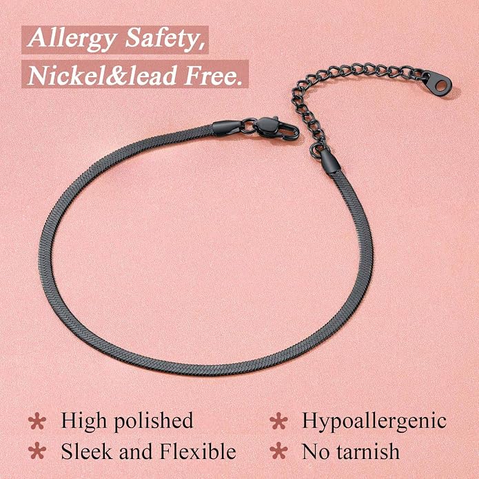 FindChic Elegant Herringbone Snake Chain Anklets/Bracelets 3MM/5MM Width Stainless Steel/18K Gold/Rose Gold Plated/Black 4 Color Options, 8.3'' 8.5'' 10.5'' Length, with Gift Box