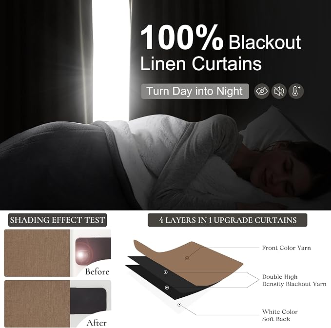 Rust Brown Black Out 120 Inch Long Boho Curtains 2 Panel Set, Farmhouse Curtain for Living Room Darkening/Thermal/Noise Reduction Textured Flax Linen Drape 10ft Hook&Ring Included Chocolate50"Wx120" L