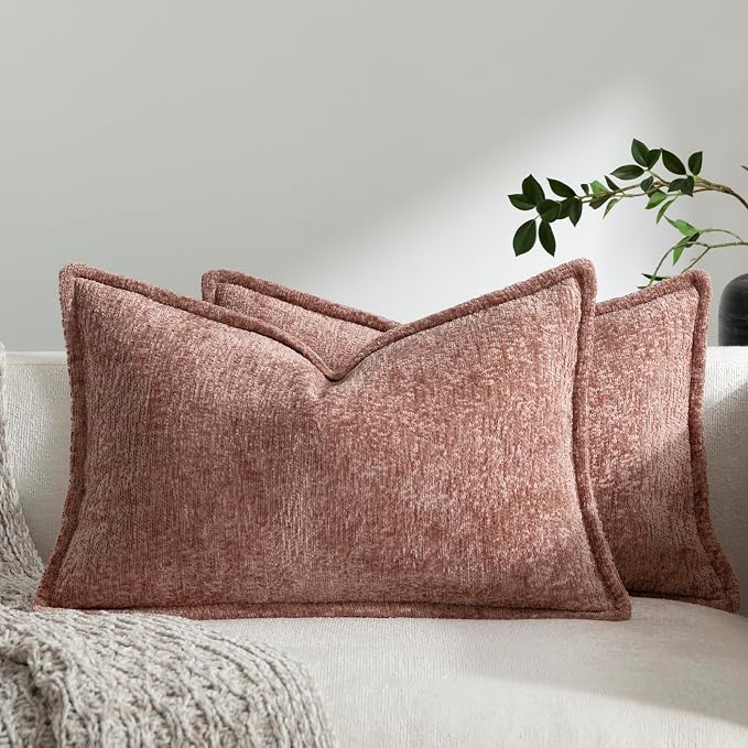 DEZENE Pack of 2 Pink Decorative Throw Pillow Covers 12x20 Cozy Soft Chenille Boho Accent Vintage Farmhouse Rectangular Lumbar Couch Pillow Covers for Home Decor Bed Sofa Living Room