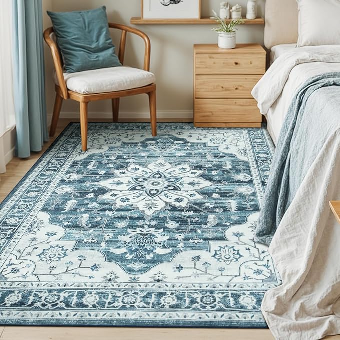 5x7 Coastal Blue White Area Rugs for Living Room - Vintage Boho Medallion Aesthetic Distressed Washable Rug, Soft Non-Slip Backing Low Pile Carpet for Office, Lounge, Bedroom Foot of Bed