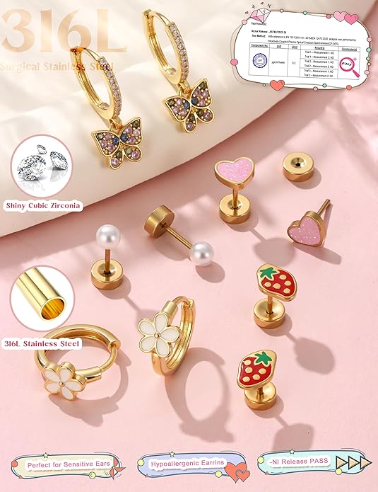 LOLIAS Hypoallergenic Earrings for Girls Flat Back-Stainless Surgical Steel Earrings for Sensitive Ears Women Cute Hoops Flatback Studs Screw Back Toddler Kids Teen Girls Earrings Jewelry