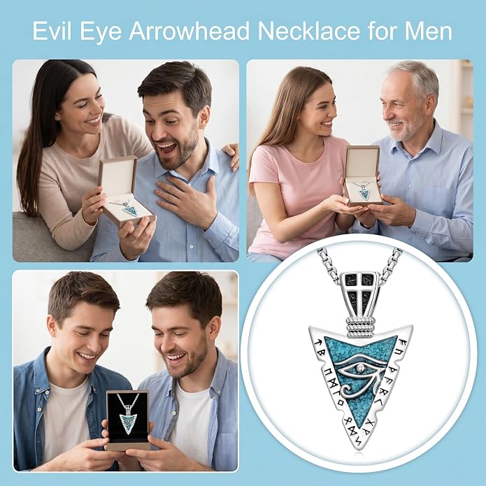 Viking Turquoise Arrowhead Necklace for Men Celtic/Evil Eye/Ankh/Valknut/Compass Arrow Head Pendant Fathers Day Birthday Gifts