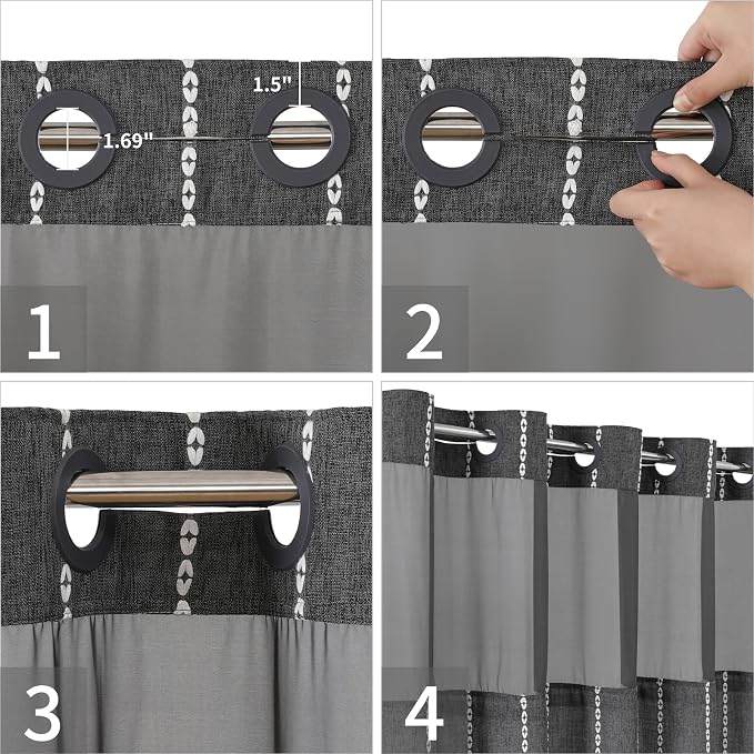 eachope No Hook Long Shower Curtain Set with Snap-in Fabric Liner,Linen Textured Thick Striped Fabric with Tassels,Boho Farmhouse Rustic Luxury Bathroom Curtain,Water-Repellent,Charcoal Grey,71x80