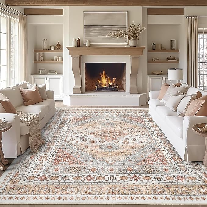 zesthome 8x10 Area Rugs for Living Room,Non-Slip Backing Washable Rugs,Vintage Large Area Rug，Stain Resistant Home Decor Rug (Orange,8'x10')