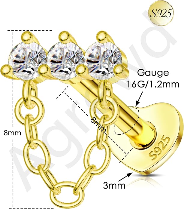 14K Gold Plated Cartilage Earrings Stud 16G 925 Sterling Silver Helix Heart Flat Back Earrings Dangle Internally Thread