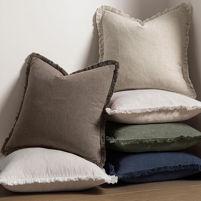 MIULEE Decorative Throw Pillow Covers Neutral Linen Fringe Throw Pillows Set of 2 Natural Coffee Boho Farmhouse Cushion Covers with Tassels for Couch Sofa Bed Living Room Fall Decor 18x18 Inch