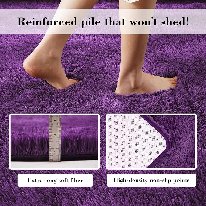 Purple Fluffy Rug Shag Area Rug, 8x10 Area Rugs for Girls Bedroom, Big Soft Shag Bedside Non-Slip Plush Dorm Carpet Home Decor Aesthetic
