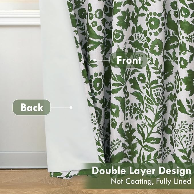 DriftAway Julia 100% Blackout Curtains Grommet 2 Panels, W52xL90, Green | Floral Curtains, Bedroom, Living Room, Linen Blend, Watercolor Pattern, 2 Layers, Thermal Insulated, Window Treatment