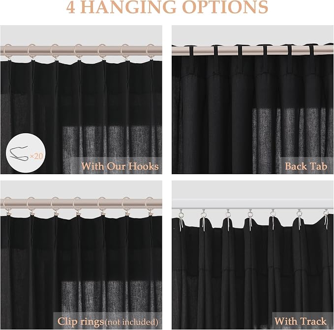 Aersas Black Pinch Pleated Linen Curtains 84 Inch Length 2 Panels for Living Room Bedroom Light Filtering Semi Sheer Window Curtain Boho Modern Pinch Pleat Drape Hooks 84 Inches Long