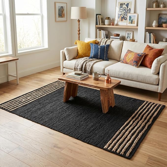 GRUHUM Black Jute Area Rug 4x6 ft - Natural Fiber Rectangular Black Leather Handwoven Boho Farmhouse Soft Braided Vintage Rustic Eco Friendly Rugs Indoor Living Room Kitchen Hallways Enterways 4x6ft