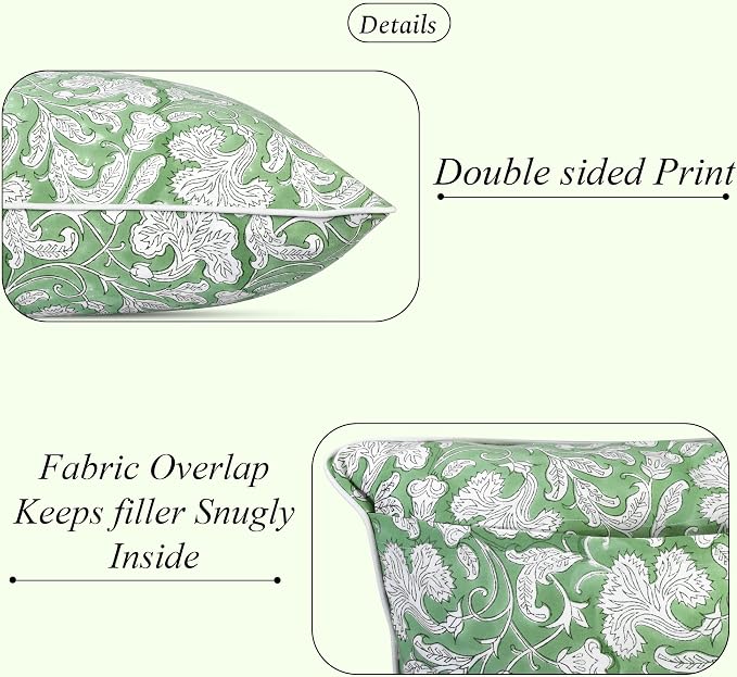Ridhi Block Print Sage Green Pillow Cover 18" x 18" (Pack of 2) Decorative Couch Pillows for Living Room, Farmhouse Chic Boho Cute Outdoor Pillows Covers Gifts for Spring, Mother's Day