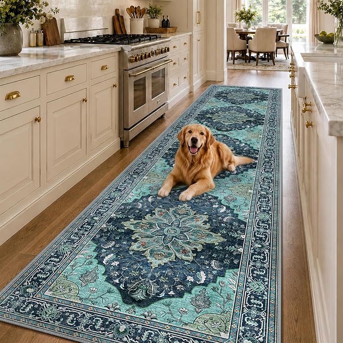 RELEANY Area Rugs Runner 3'x12' Washable Non-Slip, Floral Vintage Distress Medallion Carpet for Kitchen Hallway Bedroom Beside Laundry Room Bathroom, Teal Green Lake Blue Turquoise