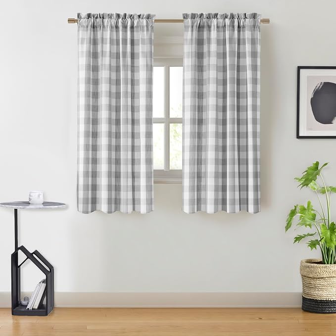 Short Buffalo Plaid Semi Sheer Curtains 63 Inches Length | Grey White Farmhouse Buffalo Check Drapes for Bedroom Living Room,Rustic Window Treatment,Rod Pocket,52"Wx63”L(Pack of 2)