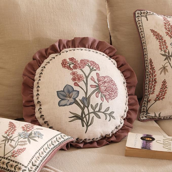 ISAENNE Designer Vintage Linen Throw Pillow Cover,Diameter 16"-Helena D | French Elegant Round Decor Pillow Cover,Concealed Zipper Design,Floral Pattern,Sofas,Bedroom,Living Room,Lounge Chairs
