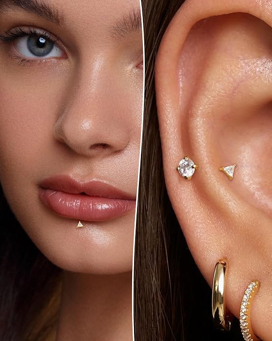 COCHARM 14K Real Gold Helix Cartilage Conch Earring, 16g Flat Back Triangle Tragus Piercing Jewelry, Solid Gold Lip Ring Stud, Yellow Gold Labret Jewelry