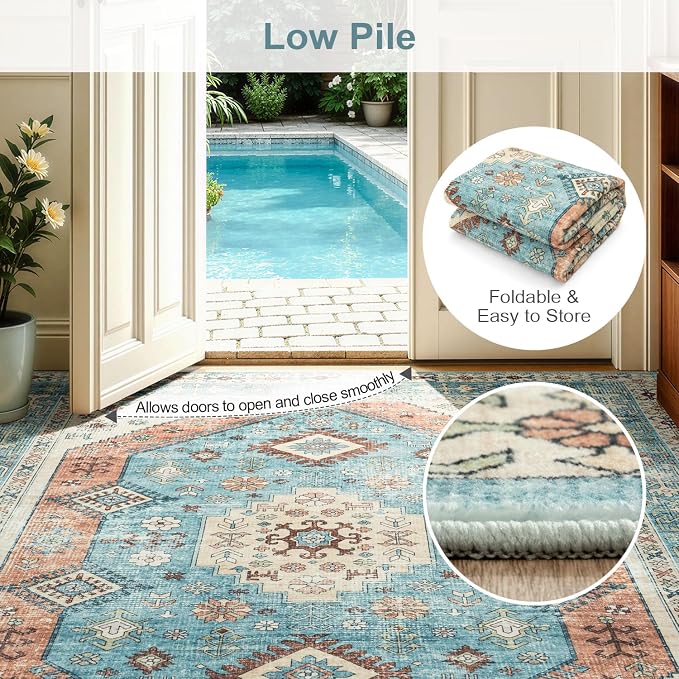 Lofus Vintage Living Room Rugs 5x7, Soft Machine Washable Area Rug for Bedroom Indoor Floor Home Office House Decor, Oriental Traditional Distressed Farmhouse Carpet, Boho Terracotta and Blue